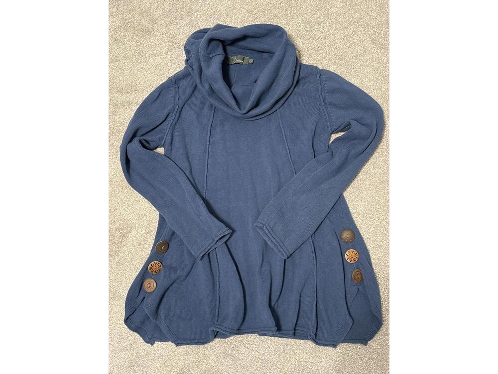 Willow Blue Knit Cowl Neck Sweater with Wooden Buttons
